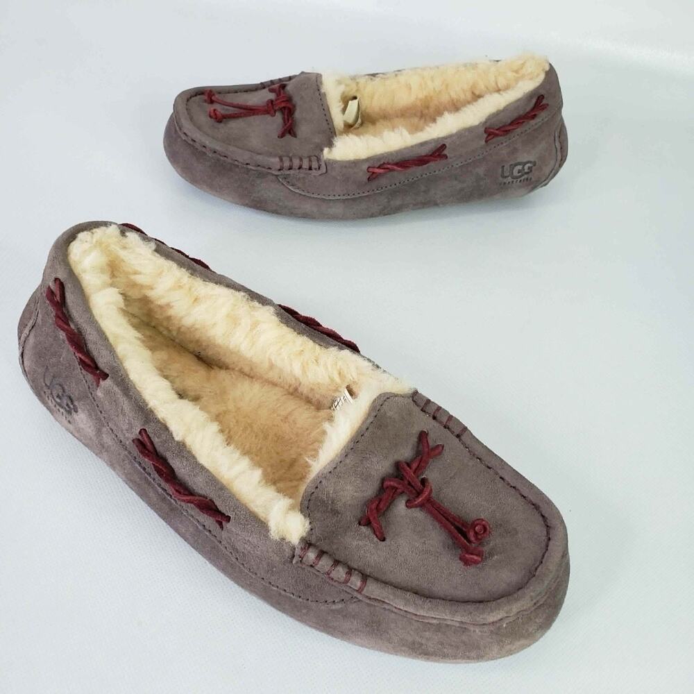 UGG Brett Flat Moccasin Slippers Women's Size 8 Gray Burgundy Suede Shearling